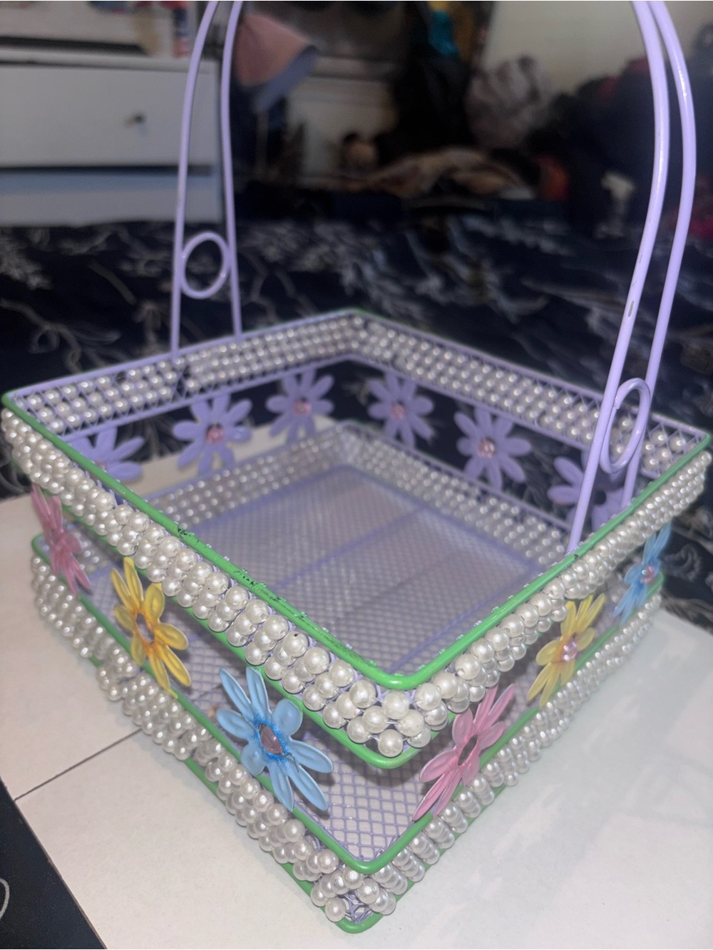 Y2K Decorative Pastel Purple Flower Basket with Pearl Trim